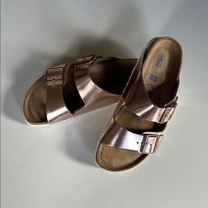 Birkenstock Metallic Rose Copper Double-Buckle Slide Sandals